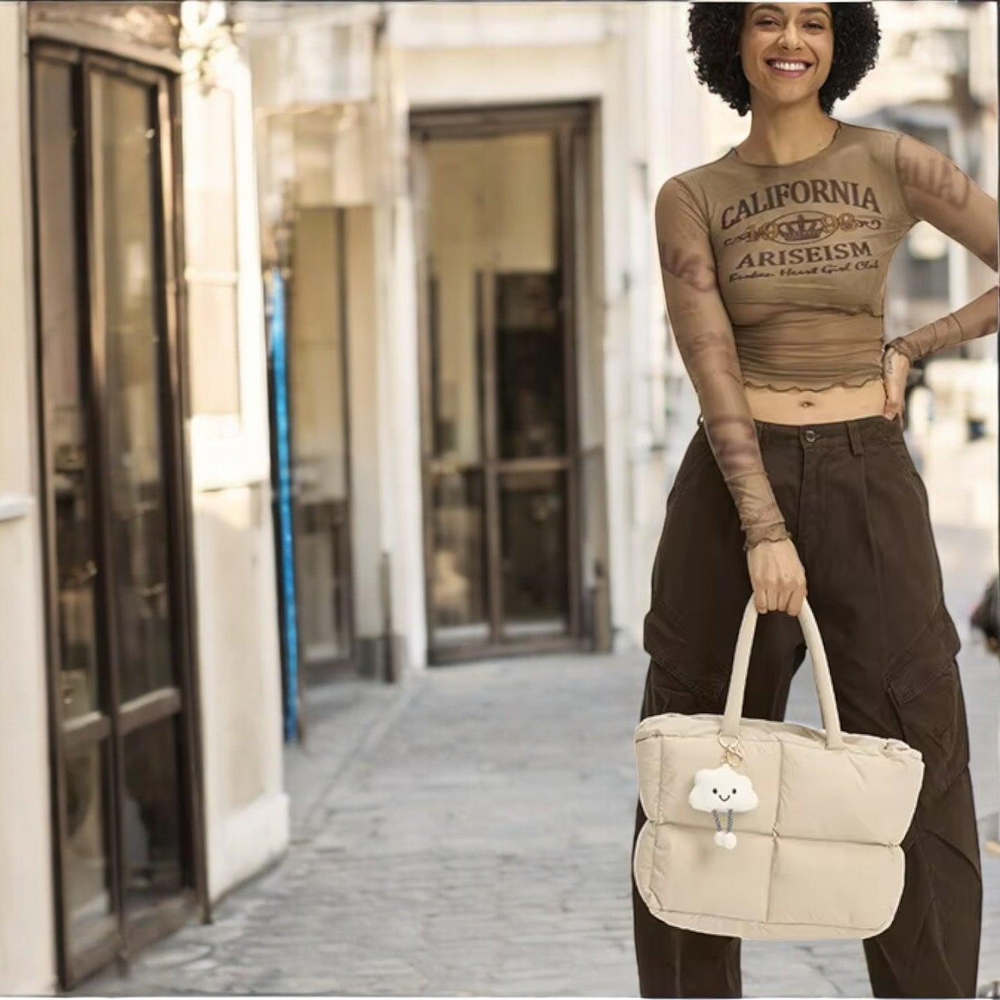 CloudTote Beige Puffer Quilted Winter Bag Street Photo Shoot with model