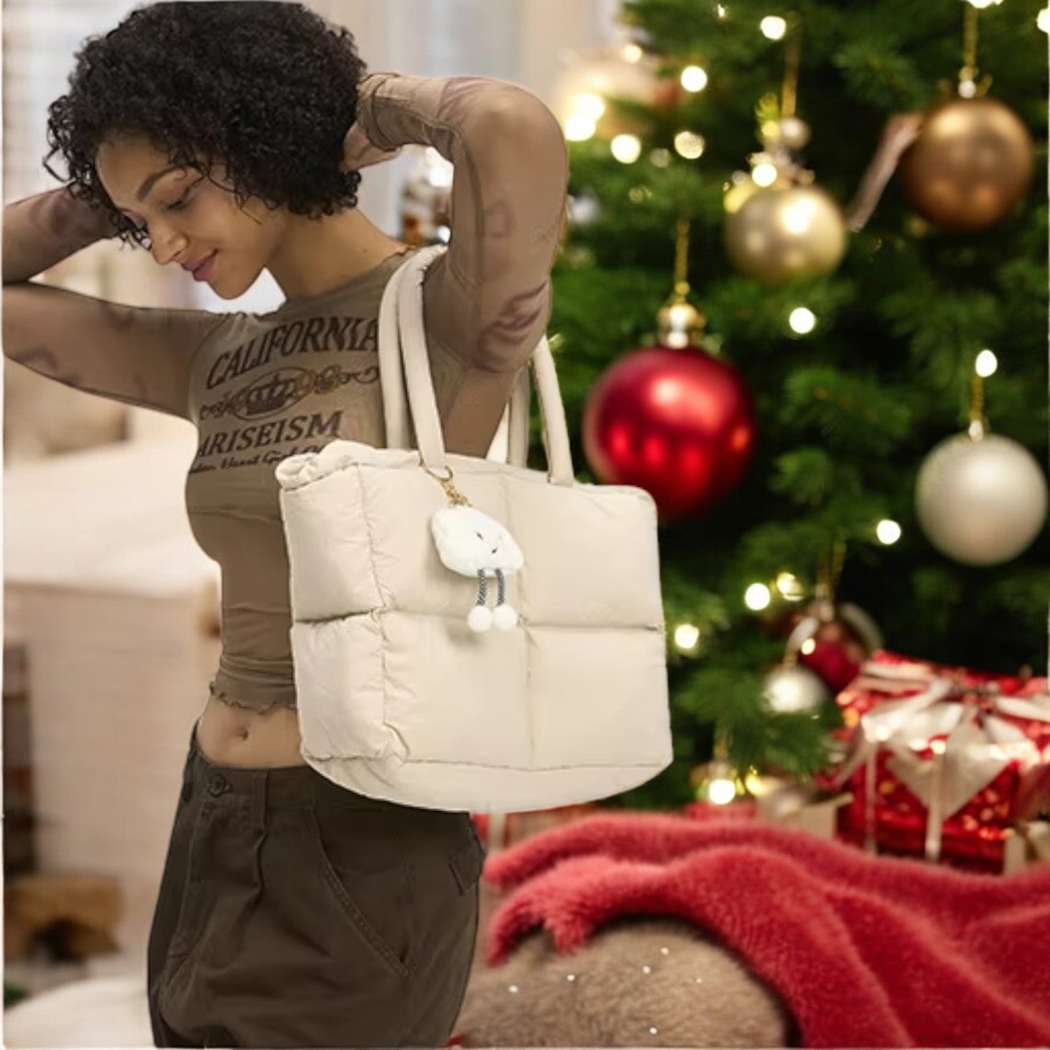 CloudTote Beige Puffer Quilted Winter Bag christmas photo shoot angle view