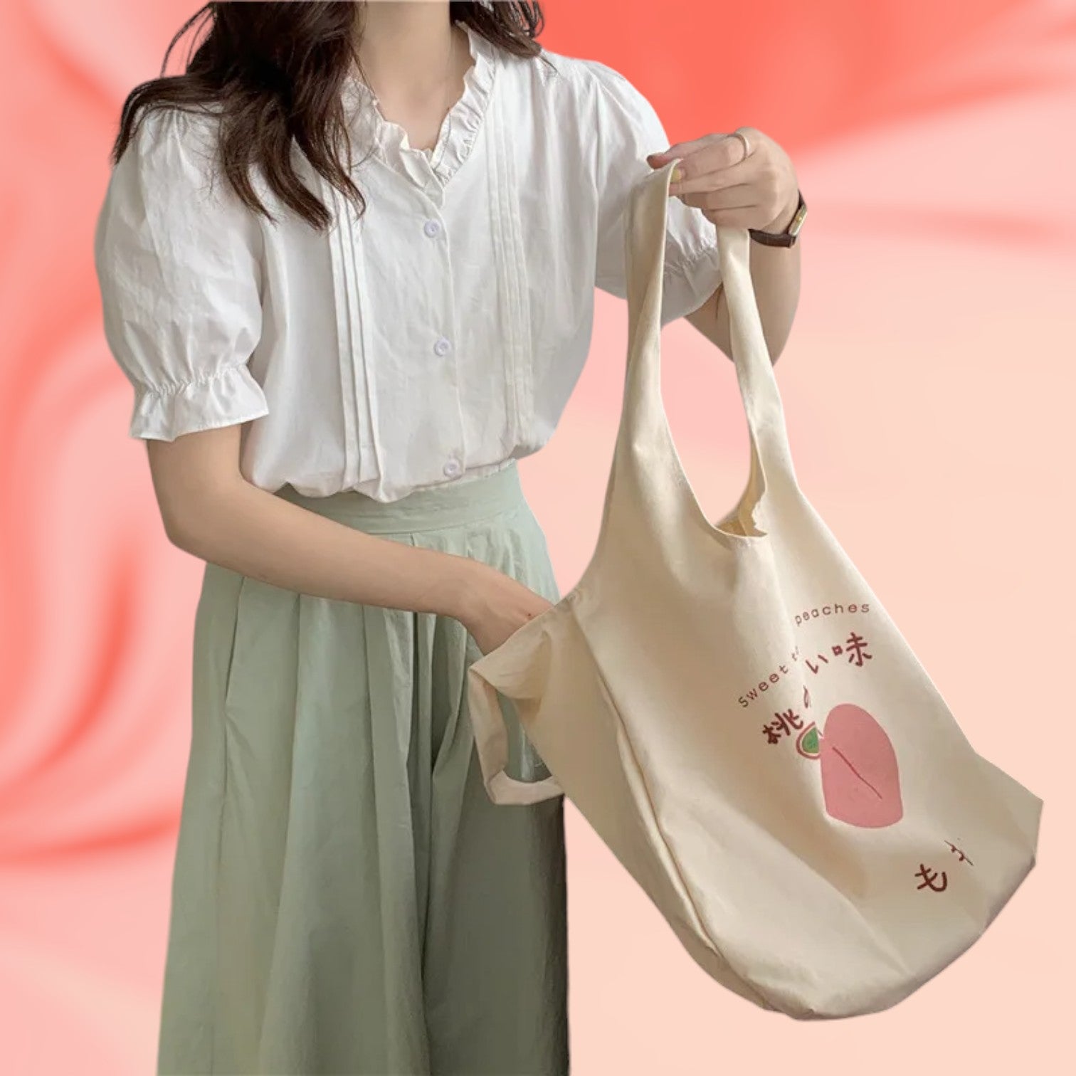 Sweet Peach Canvas Tote Bag - Versatile and Spacious with a Japanese Touch-the lalezar