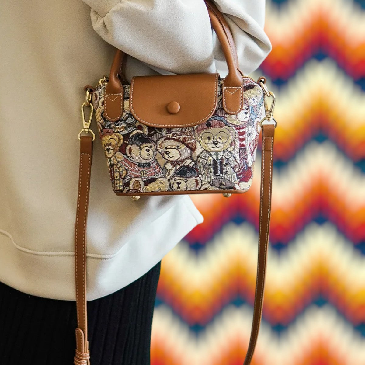 Whimsical Embroidered Bear Contrast Crossbody Handbag-the lalezar