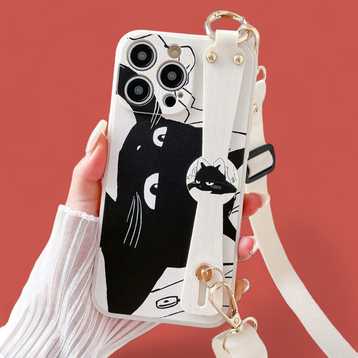 Purr-fect Companion: Chic Cat Grip & Stand Phone Case with Crossbody Strap-the lalezar