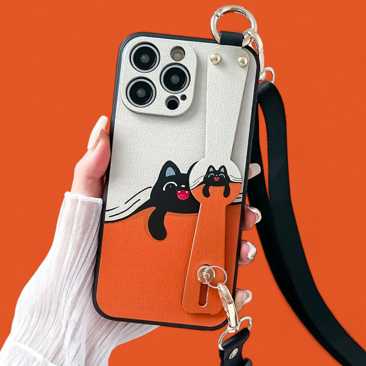 Purr-fect Companion: Chic Cat Grip & Stand Phone Case with Crossbody Strap-the lalezar