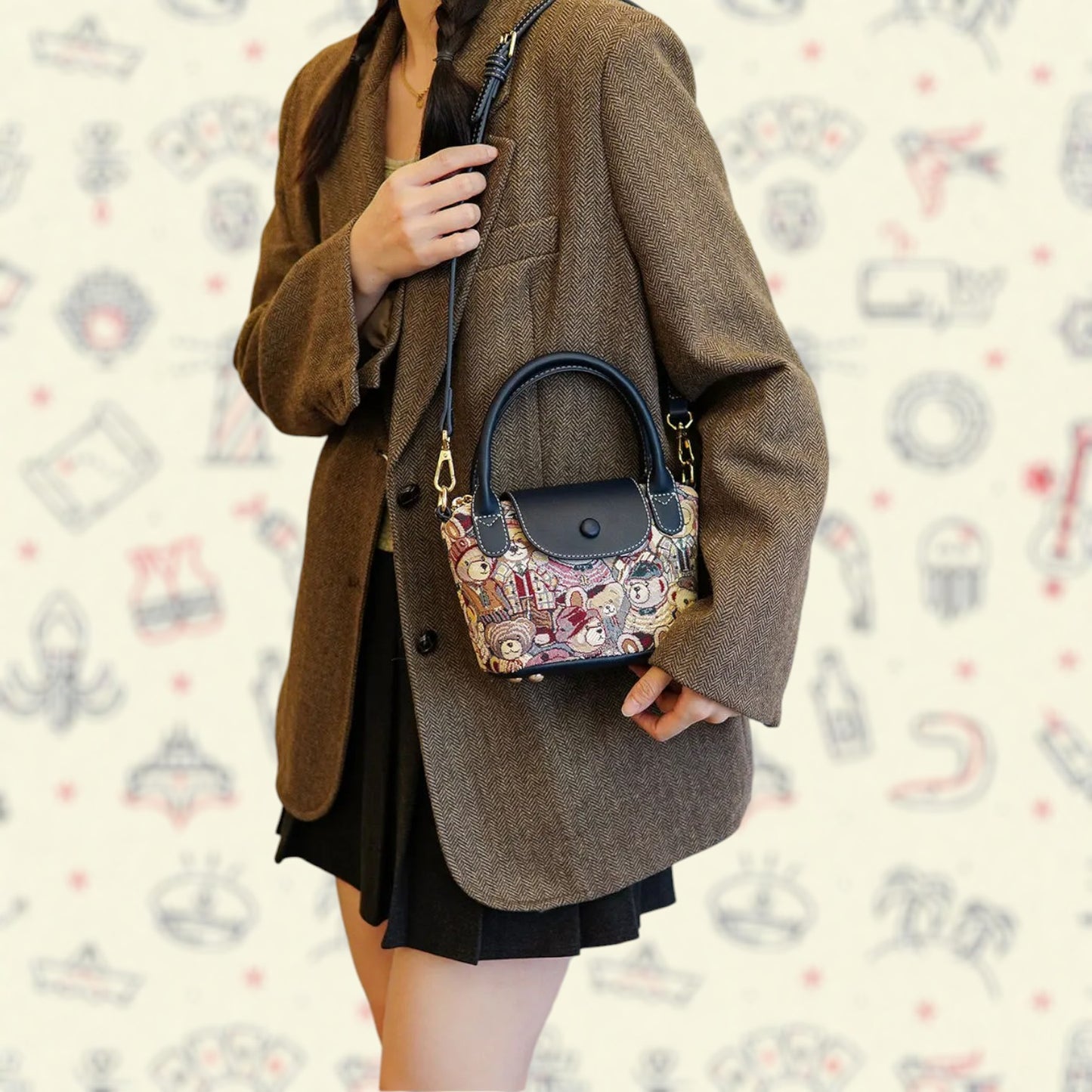 Whimsical Embroidered Bear Contrast Crossbody Handbag-the lalezar