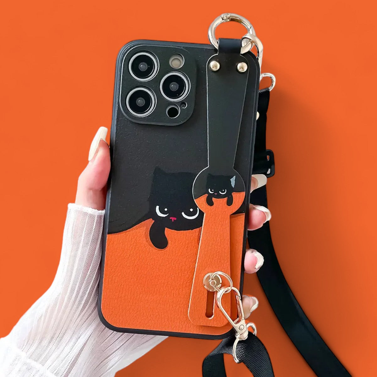 Purr-fect Companion: Chic Cat Grip & Stand Phone Case with Crossbody Strap-the lalezar