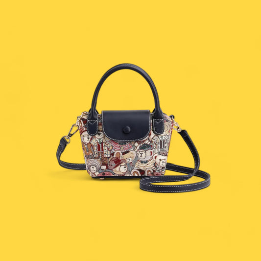 Whimsical Embroidered Bear Contrast Crossbody Handbag-the lalezar