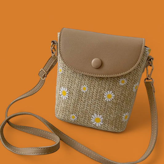 Daisy Delight Straw & Leather Crossbody Bag - Spring/Summer Collection-the lalezar