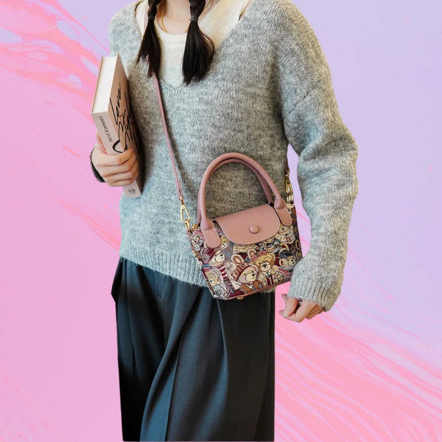 Whimsical Embroidered Bear Contrast Crossbody Handbag-the lalezar