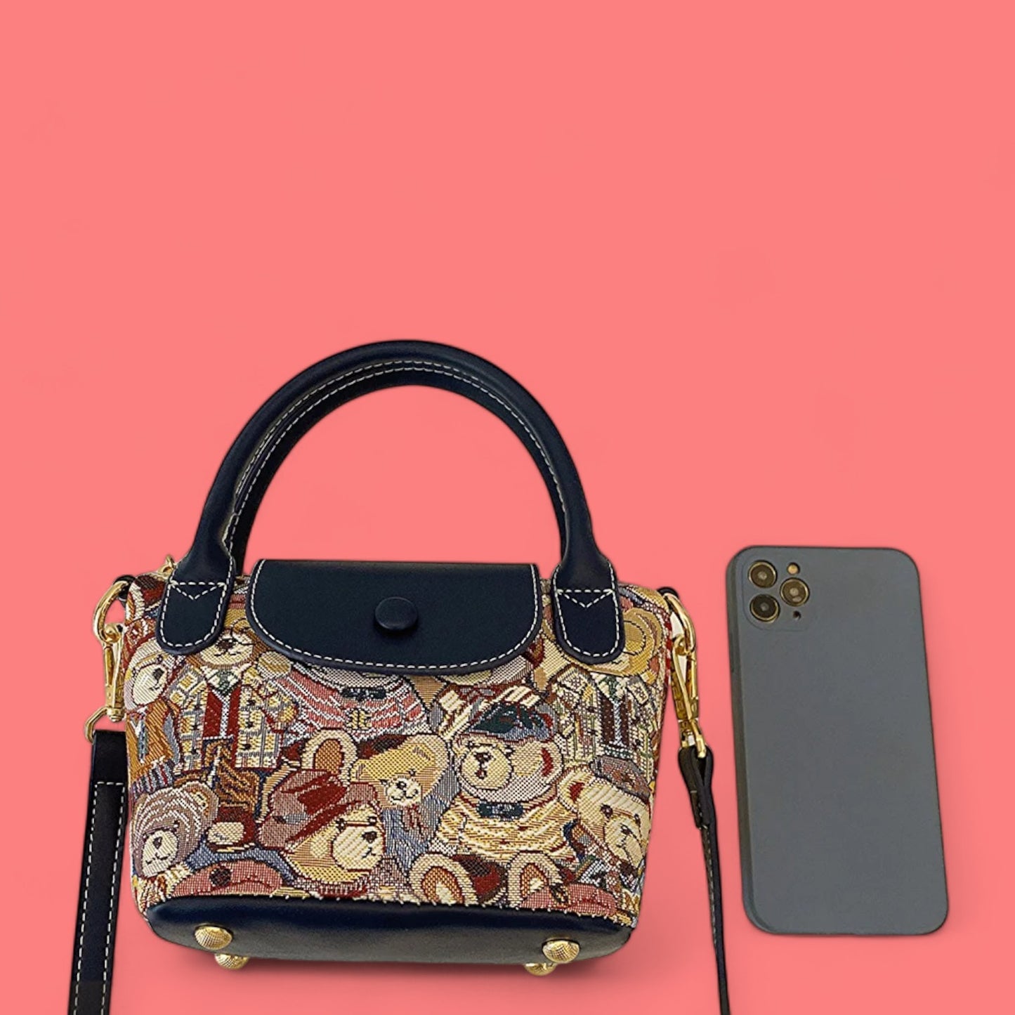 Whimsical Embroidered Bear Contrast Crossbody Handbag-the lalezar