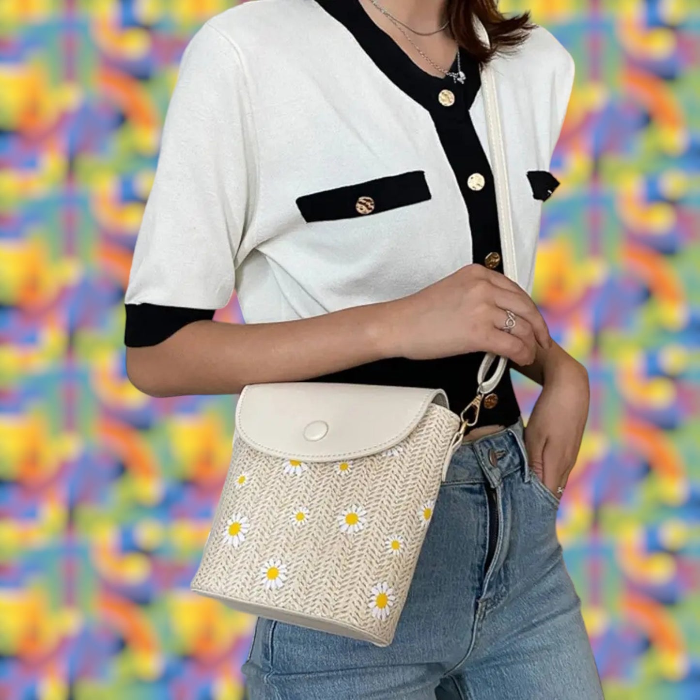 Daisy Delight Straw & Leather Crossbody Bag - Spring/Summer Collection-the lalezar