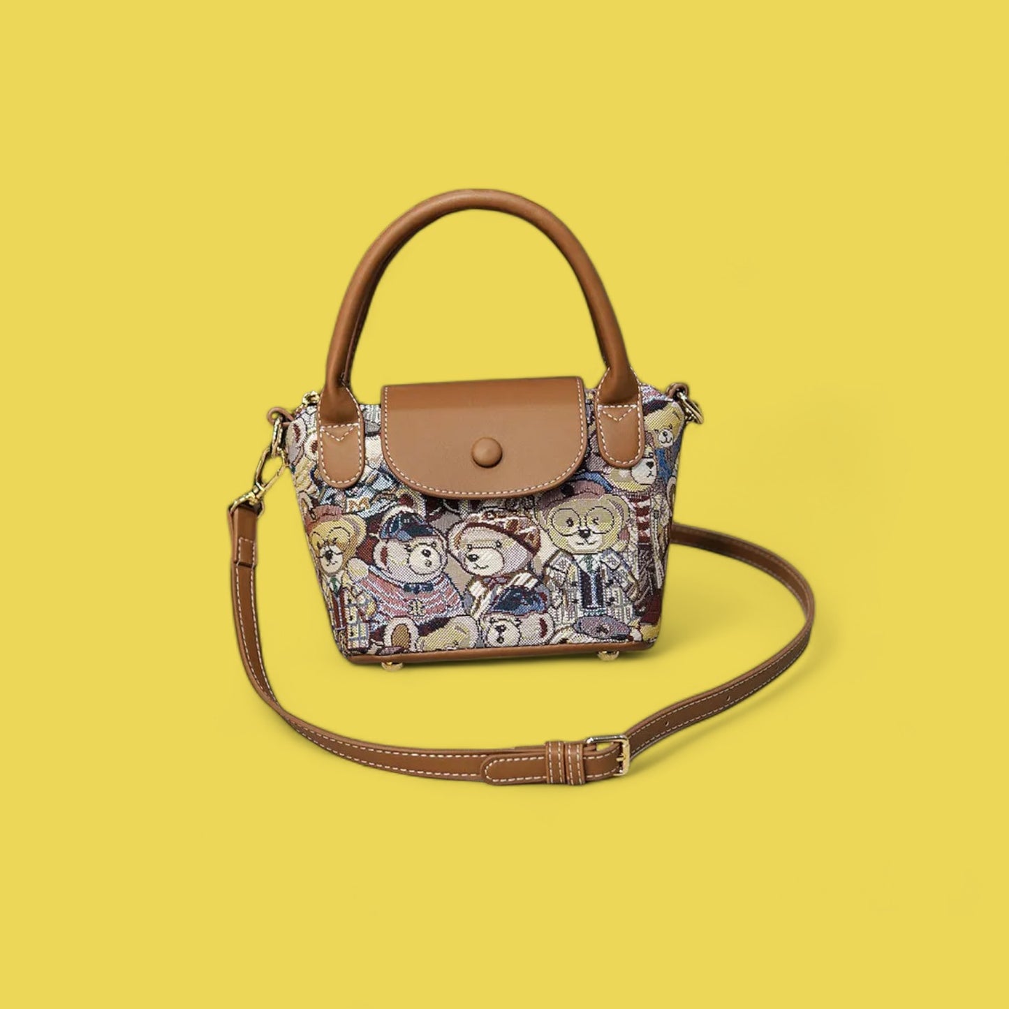 Whimsical Embroidered Bear Contrast Crossbody Handbag-the lalezar