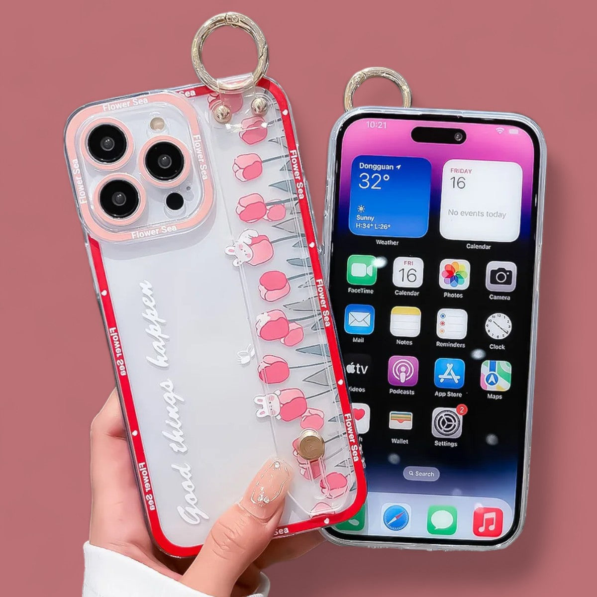 Floral Echo Grip & Stand Phone Case with Charm Ring-the lalezar