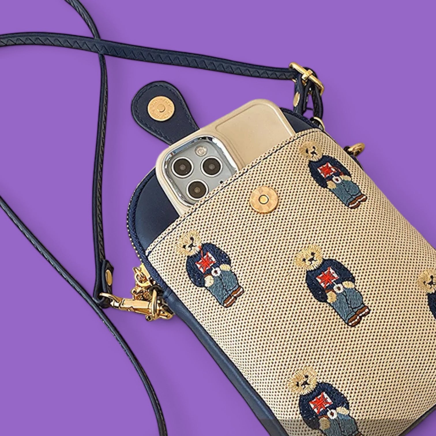 Vintage Charm Teddy Bear Phone Bag - Navy One-Shoulder Crossbody-the lalezar