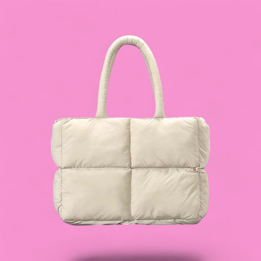 CloudTote Beige Puffer Quilted Winter Bag - front